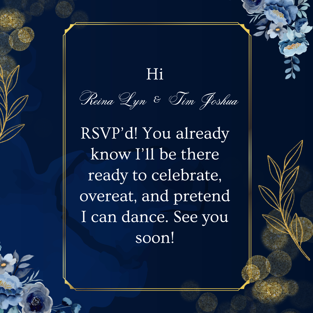RSVP confirmation card 1 with gold frame.